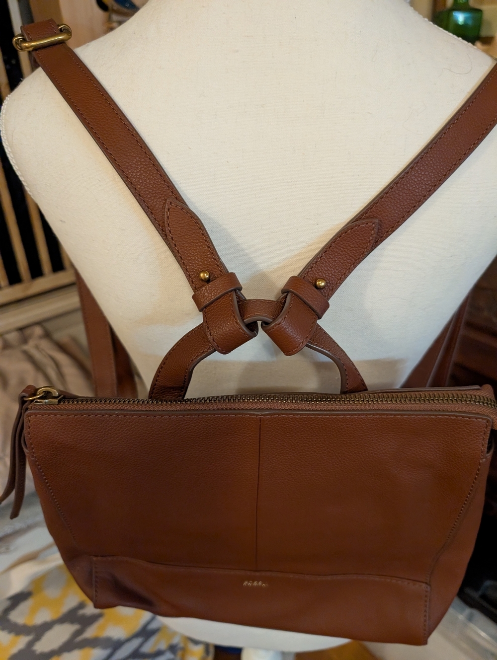Fossil Elina Brown Leather Backpack Tote - Picture 2 of 4